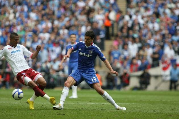 15 05 2010 FA Cup Final FC Chelsea (blue) v FC Portsmouth (white) at Wembley. Kevin Prince Boateng of Portsmouth tackles Chelsea s Michael Ballack and causes an injury to his ankle that means he will miss this years World Cup Finals in South Africa. x  ActionPlus11042363 o0 Foul