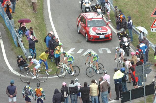 Giro d Italia, 14. Etappe: Ferrara - Asolo, v.li.: Michele Scarponi (Androni Giocattoli), Ivan Basso, Vincenzo Nibali (beide Liquigas) und Cadel Evans (Bmc Racing), am Monte Grappa 