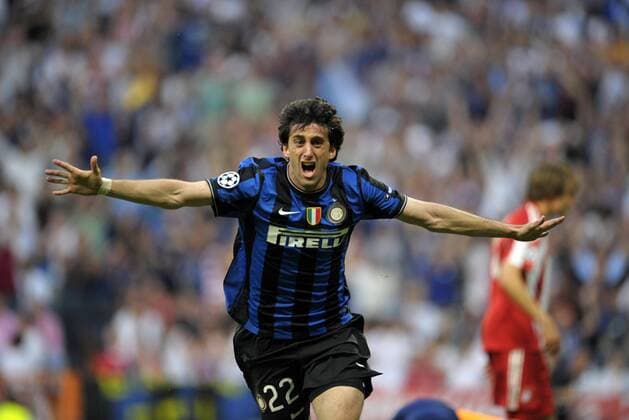 22.05.2010, Fussball UEFA Championsleague-Finale 2010, FC Bayern München - Inter Mailand, im Bernabeu-Stadion Madrid. Diego Milito (Mailand) - Torjubel. o0 Jubel, Freude