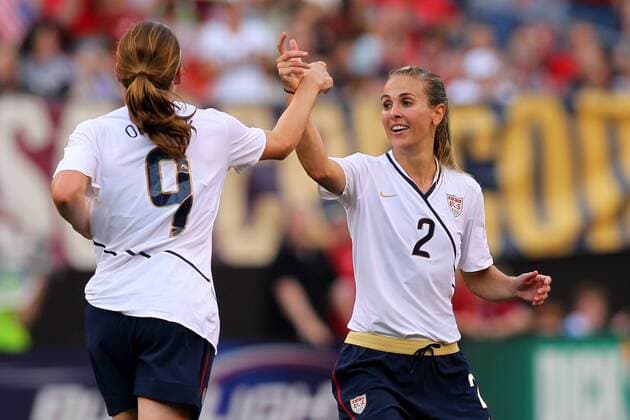22 MAY 2010: USA team member Heather O Reilly (9) is congratulated by teammate Heather Mitts after scoring a goal during the first half of their International Friendly match against Germany at Cleveland Browns Stadium in Cleveland Ohio May 22, 2010. Icon22762143 o0 Jubel, Freude, EDITORIAL USE ONLY