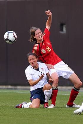 22 MAY 2010: USA team member Stephanie Cox (L) battles Germany s Kerstin Garefrekes during the first half of their International Friendly match at Cleveland Browns Stadium in Cleveland Ohio May 22, 2010. Icon22762144 o00 DFB EDITORIAL USE ONLY