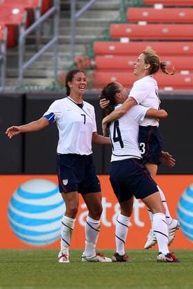 22 MAY 2010: USA team members (L-R) Shannon Boxx, Stephanie Cox and Kristine Lilly celebrate a Lily goal during the second half of their International Friendly match against Germany at Cleveland Browns Stadium in Cleveland Ohio May 22, 2010. Icon22762146 o0 Jubel, Freude, EDITORIAL USE ONLY