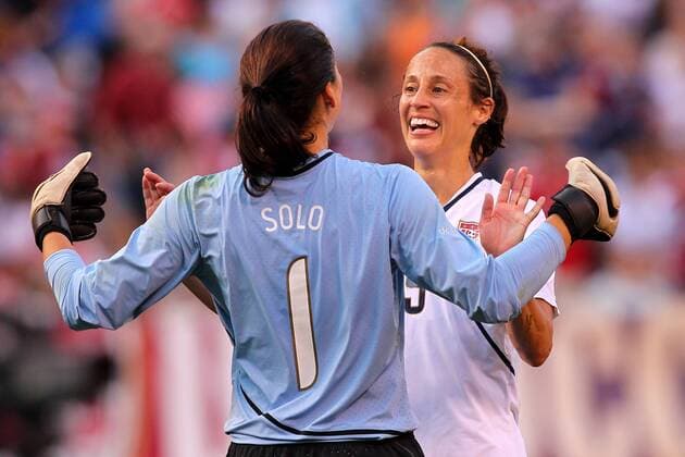 22 MAY 2010: USA team member Kate Markgraf (R) congratulates US goalie Hope Solo after the US defeated Germany during their International Friendly match at Cleveland Browns Stadium in Cleveland Ohio May 22, 2010. Icon22762154 o0 Jubel, Freude, EDITORIAL USE ONLY