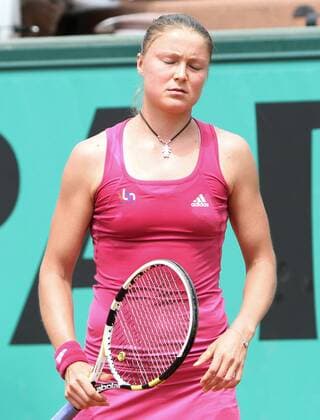 Russian Dinara Safina reacts after a shot during her French Open first round match at Roland Garros in Paris on May 25, 2010.  PAR20100525716