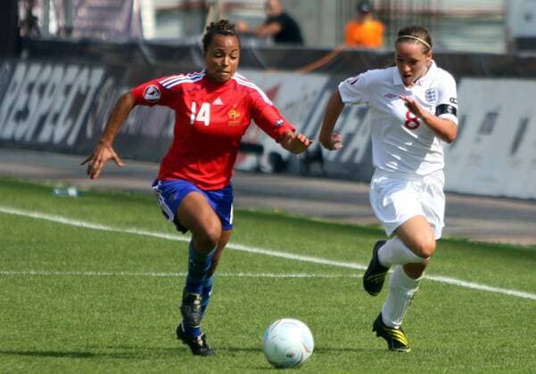 05.06.2010 Skopje, France vs. England, women s U19 European football championship final: Ines Jaurena(L) France and Jordan Nobbs(R) England - 