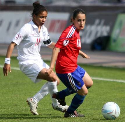 05.06.2010 Skopje, France vs. England, women s U19 European football championship final: Solene Barbance(R) France and Demi Stokes (L) England - 