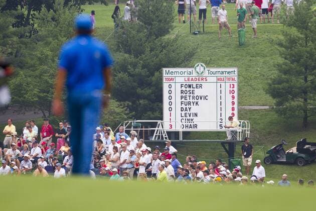 05 JUN 2010: Rickie Fowler (USA) walks down the 2nd fairway with the leaderboard in the background during the 3rd round of the Memorial Tournament held at Muirfield Village G.C. in Dublin, Ohio. Icon43910060570873 o0 Anzeigetafel, Anzeige, Tafel, Totale Fan Zuschauer EDITORIAL USE ONLY