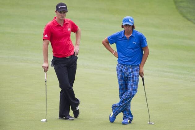 05 JUN 2010: Justin Rose (England, L) and Rickie Fowler (USA) wait on the 4th green during the 3rd round of the Memorial Tournament held at Muirfield Village G.C. in Dublin, Ohio. Icon43910060572393 EDITORIAL USE ONLY