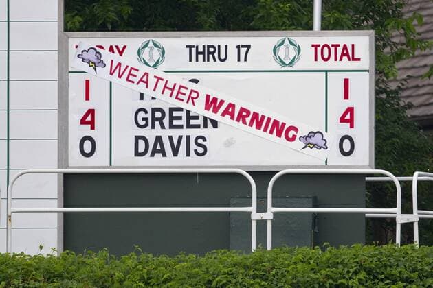 05 JUN 2010: A weather warning posted on the leaderboard during the 3rd round of the Memorial Tournament held at Muirfield Village G.C. in Dublin, Ohio. Icon43910060573623 o0 Warnung Anzeigetafel, Anzeige, Tafel, Wetterwarnung EDITORIAL USE ONLY