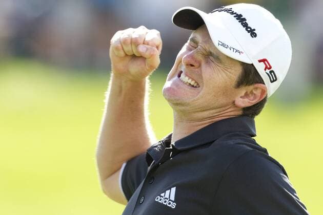 Justin Rose (England) after making his final putt on the 18th green during the final round of the Memorial Tournament held at Muirfield Village G.C. in Dublin, Ohio. Icon4391006060007 o0 Jubel, Freude Sieger EDITORIAL USE ONLY