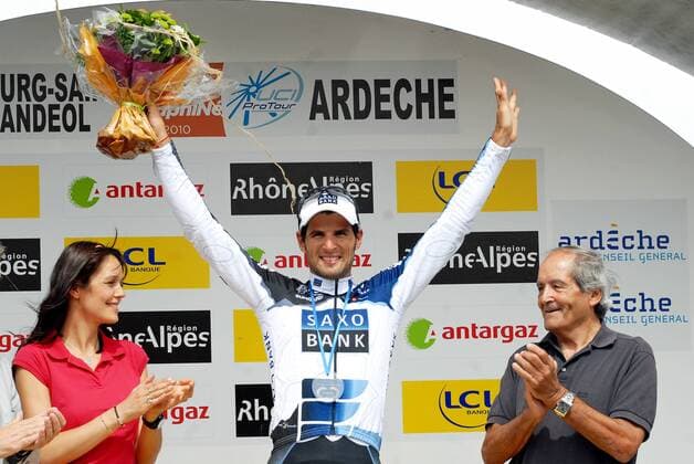 Juan Jose Haedo (ARG Team Saxo Bank) - Podium - Stagewinner - Event: Criterium du Dauphine Libere 2010 - Stage 2 - Annonay to Bourg Saint Andeol 177.0 km - Date: 08.06.2010 - Location: Bourg Saint Andeol - France