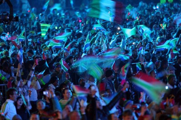 SOWETO, ? 10 June 2010: Thousands of excited soccer and music lovers attend the kick-off celebration concert at Orlando Stadium in Soweto, on 10 June 2010. Gallo117113 o0 Fan, Publikum totale