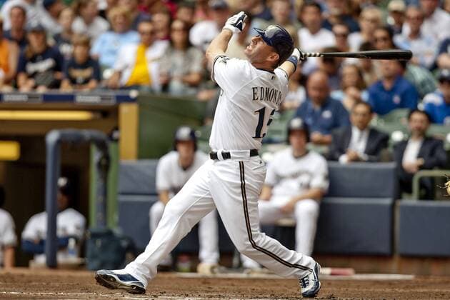 June 13, 2010- Milwaukee, WI. Miller Park..Milwaukee Brewers Jim Edmonds 15 puts the bat on the ball, Edmonds was hitless against the Rangers today..Milwaukee Brewers lost to the Texas Rangers 2-7,the Rangers took 2-3 games in the series at Miller Park.. - ZUMAcc9