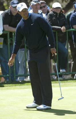 Tiger Woods (USA) is seen on the putting green during a practice round prior to the 2010 U.S. Open at the Pebble Beach Golf Links in Pebble Beach, California, June 16, 2010.  SFP20100616305