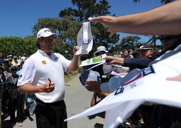 Lee Westwood of England signs autographs during a practice round prior to the 2010 U.S. Open at the Pebble Beach, California, on June 16, 2010.  SFP20100616316