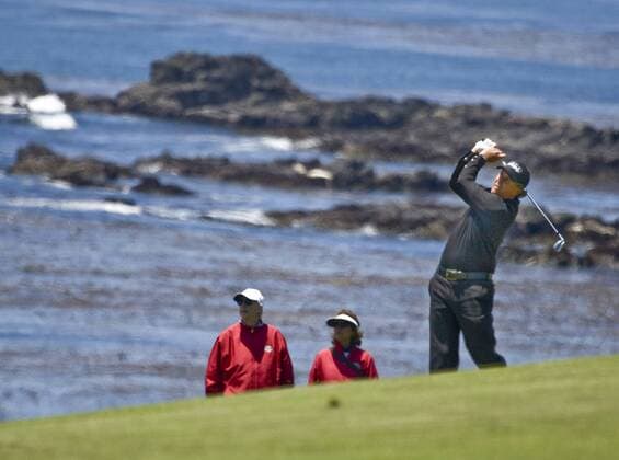 Phil Mickelson (USA) hits his second shot on the 9th fairway in the first round of the U.S. Open in Pebble Beach, California on June 17, 2010. Mickelson scored a 75 in the first round.  SXP20100617106