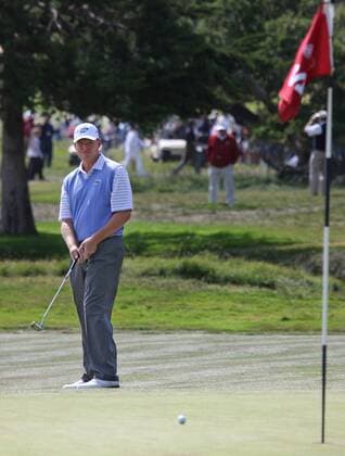 Ernie Els of South Africa watches his third shot come up short on the second hole on the day three of the U.S. Open in Pebble Beach, California on June 19, 2010.  PBP2010061914