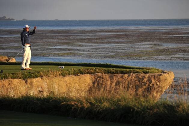 Phil Mickelson (USA) watches his drive off of the 18th tee box during the third round of the U.S. Open in Pebble Beach, California on June 19, 2010.  PBP20100619318