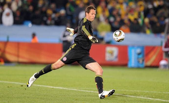 June 19, 2010 - Pretoria,- Thomas Sorensen of Denmark in action during the FIFA World Cup 2010 soccer match between Cameroon (green) and Denmark (white) at Loftus Versfeld Stadium on June 18, 2010 in Pretoria. - ZUMAgh1