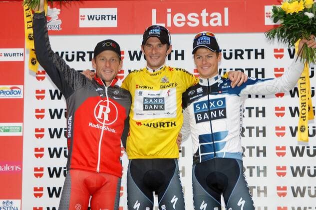 (2.) Lance Armstrong (USA Team RadioShack, L) - (1.) Frank Schleck (LUX Team Saxo Bank, C) - (3.) Jakub Fuglsang (DEN Team Saxo Bank) - Podium - Event: Tour de Suisse 2010 - Stage 9 - Individual Time Trial - Liestal to Liestal