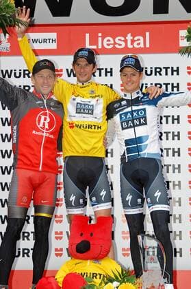 (2.) Lance Armstrong (USA Team RadioShack, L) - (1.) Frank Schleck (LUX Team Saxo Bank, C) - (3.) Jakub Fuglsang (DEN Team Saxo Bank) - Podium - Event: Tour de Suisse 2010 - Stage 9 - Individual Time Trial - Liestal to Liestal