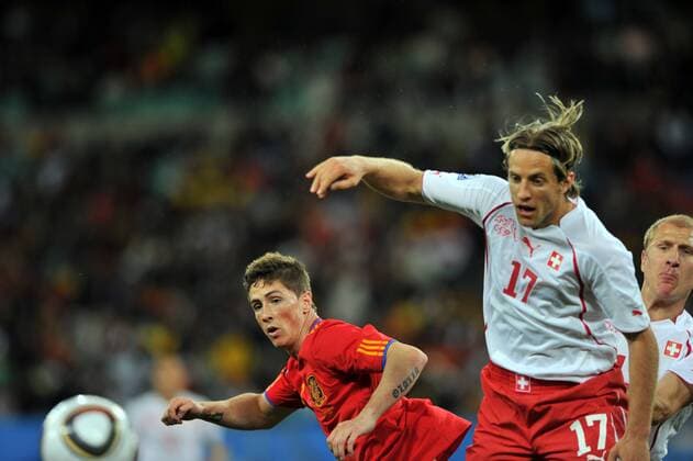 Fernando Torres (ESP), Reto Ziegler (SUI), JUNE 16, 2010 - Football : 2010 FIFA World Cup Group H match between Spain 0-1 Switzerland at Durban Stadium in Durban. (004057)