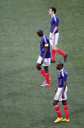 France s Sebastien Squillaci, Alou Diarra and William Gallas (from top) look on dejected after going 2-0 down FIFA World Cup 2010 Group A France (FRA blue) vs South Africa (RSA yellow) 22nd June, 2010 EDITORIAL USE ONLY. No use with unauthorised audio, video, data, fixture lists, club league logos or live services. Online in-match use limited to 120 images, no video emulation. No use in betting, games or single club league player publications.