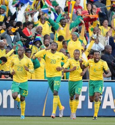 South Africa s Bongani Khumalo (2nd L) celebrates after scoring a goal during a Group A match between France and South Africa at the 2010 World Cup football match in Bloemfontein - 