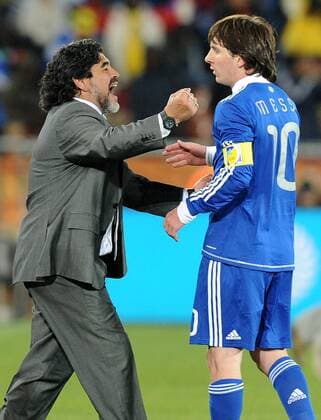Diego Armando Maradona (L), coach of Argentina celebrates victory with Lionel Messi during the 2010 FIFA World Cup soccer match between Greece and Argentina at Peter Mokaba Stadium on June 22, 2010 in Polokwane - - ZUMAgh1