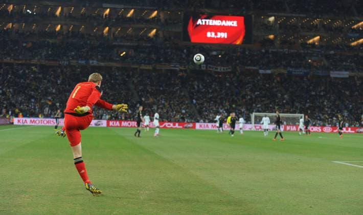 Manuel Neuer of Germany takes a free kick FIFA World Cup 2010 Group D Ghana v Germany 23rd June, 2010 EDITORIAL USE ONLY. No use with unauthorised audio, video, data, fixture lists, club league logos or live services. Online in-match use limited to 120 images, no video emulation. No use in betting, games or single club league player publications. o0 Schuss, schießen, Freistoß