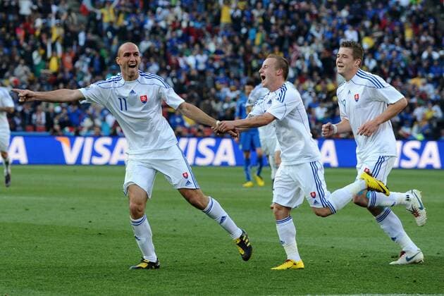 Jubel Slowakei v.li. Robert Vittek, Miroslav Stoch, Juraj KUCKA  o0 Jubel Freude