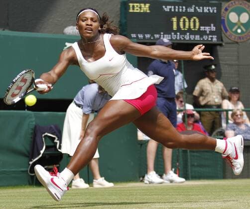 Serena Williams (USA) plays a running forehand in her match on the sixth day of the Wimbledon championships in Wimbledon -  LON2010062601