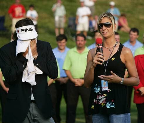 June 27, 2010 - Cromwell, Connecticut, U.S. - Angie Watson, wife of Bubba Watson (USA), speaks on his behalf as he is overcome with emotion after winning the Travelers Championship. - ZUMAg28 o0 Sieg, Sieger, Jubel, Freude Emotionen, Partnerin, Partnerin, Frau, Ehefrau Familie,
