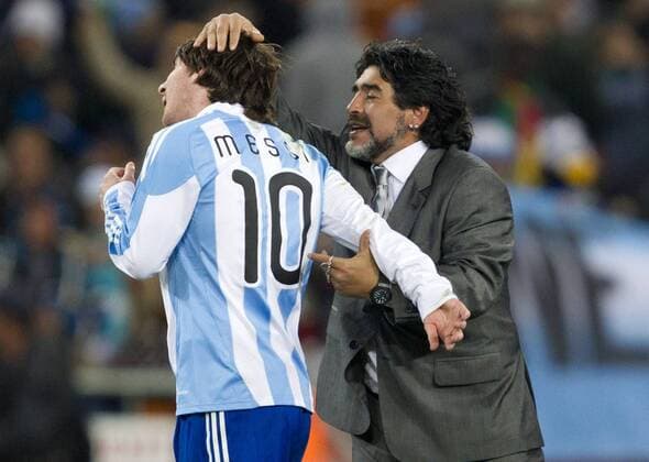 Coach Diego Armando Maradona (ARG) (R) and Lionel Messi of Argentina celebrate after the 2010 FIFA World Cup Round of Sixteen match between Argentina (blue) and Mexico (green) 3-1 at Soccer City Stadium on June 27, 2010 in Johannesburg. ---  o0 Jubel Freude Nationaltrainer