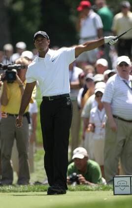 Tiger Woods (USA) points to the left with his club during the first round of the AT&T National at Aronimink Golf Club in Newtown Square, Pennsylvania. Icon20810070149 EDITORIAL USE ONLY