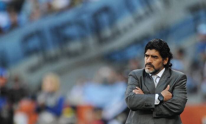 Diego Armando Maradona, head coach of Argentina, reacts during the 2010 World Cup quarterfinal soccer match against Germany at Green Point stadium in Cape Town on July 3,2010.  o0 Nationaltrainer Spannung