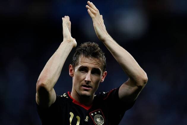 Miroslav Klose of Germany celebrates after the 2010 World Cup quarterfinal soccer match between Germany and Argentina in Cape Town on July 3,2010. 