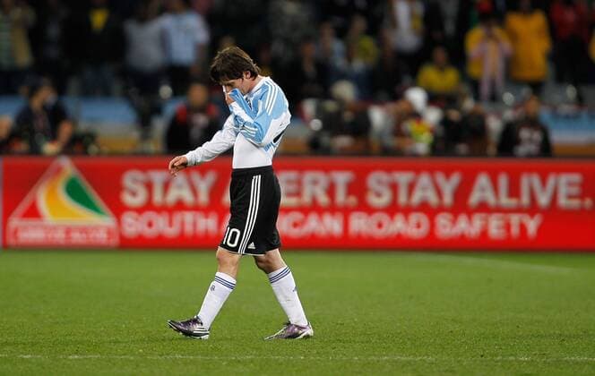 Lionel Messi of Argentina reacts after the 2010 World Cup quarterfinal soccer match between Germany and Argentina in Cape Town - 
