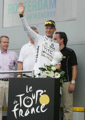 03.07.2010 Rotterdam Radsport 97. Tour de France 2010, Prolog Rotterdam-Rotterdam, Tony Martin GER HTC Columbia 2. Platz Prolog, Weisses Trikot o0 Jubel Freude