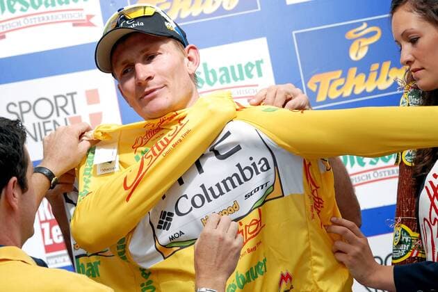 Andre Greipel (GER Team HTC Columbia) - Podium - Leader Classification Overall - Event: Tour of Austria 2010 - Stage 1 - Dornbirn to Bludenz 157.9 km - Date: 04.07.2010 - Location: Bludenz - Vorarlberg - Austria - Europe - Contact o0 gelbes Trikot