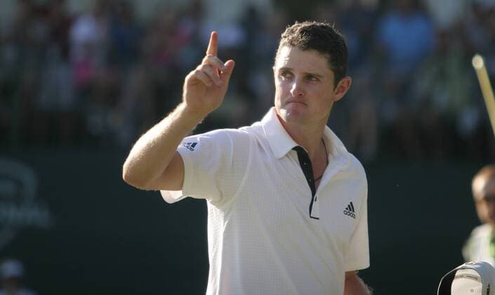 July 4 2010: Justin Rose (England) reacts after making his putt on the 18th green which clinched the win during the final round of the AT&T National at Aronimink Golf Club in Newtown Square, Pennsylvania. Icon208100704057 o0 Jubel Freude EDITORIAL USE ONLY