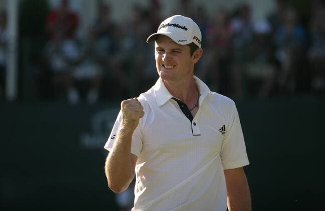 July 4 2010: Justin Rose (England) reacts after making his putt on the 18th green which clinched the win during the final round of the AT&T National at Aronimink Golf Club in Newtown Square, Pennsylvania. Icon208100704055 o0 Jubel Freude EDITORIAL USE ONLY