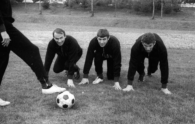 Training AC Mailand, v. li.: Kurt Hamrin, Pierino Prati, Angelo Sormani Fußball Herren Serie A 1967 1968, 1. Italienische Liga, AC Mailand, Milan, Training Gruppe Mailand