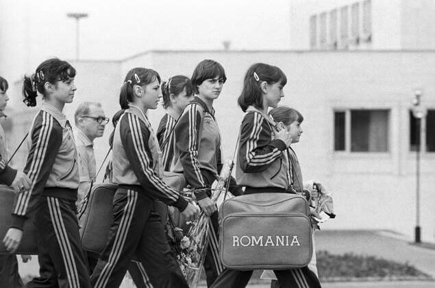 Moscow. Romanian gymnasts go at training - Nadia Comaneci (3R) looks dejected -  1057823