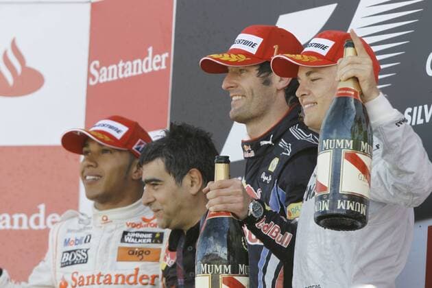 L-R: Lewis Hamilton (McLaren Mercedes) Sieger Mark Webber (Red Bull Racing) Nico Rosberg (Mercedes GP) GP Großbritannien 2010 Formel 1 Grand Prix Großbritannien 2010 o0 Jubel, Freude,