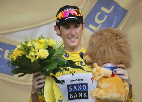 14.07.2010 Gap, Radsport 97. Tour de France 2010, 10. Etappe Chambery - Gap, Andy SCHLECK LUX SAX weiter in Gelb o0 Jubel Freude gelb, gelbes Trikot