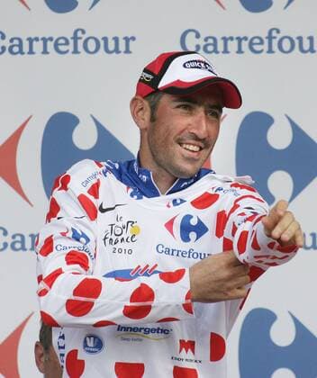 14.07.2010 Gap, Radsport 97. Tour de France 2010, 10. Etappe Chambery - Gap, Jerome PINEAU FRA QST wieder im gepunkteten Trikot o0 Bergtrikot Freude