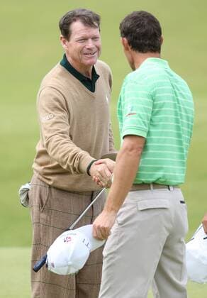 Golf- St Andrews - The Open Championship: Tom Watson (L) of USA shakes hands with Padraig Harrington of Ireland during the first round of The Open Championship at St Andrews 15th July 2010 