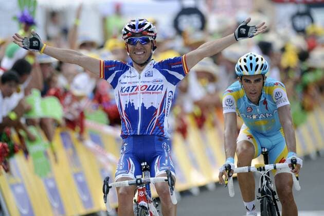 Tour de France 2010 - Etappe 12 - 16.07.2010 - Bourg de Peage Mende - Etappensieger Joaquim Rodriguez Oliver (ESP) - Katusha vor Alberto Contador (ESP) - Astana - xPhotoNewsx -  o0 Jubel Freude