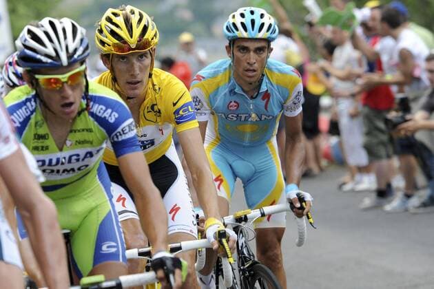 Tour de France 2010 - Etappe 12 - 16.07.2010 - Bourg de Peage Mende - V.li. Roman Kreuziger (RTC) - Liquigas - Andy Schleck (LUX) - Saxobank - Alberto Contador (ESP) - Astana - xPhotoNewsx - 